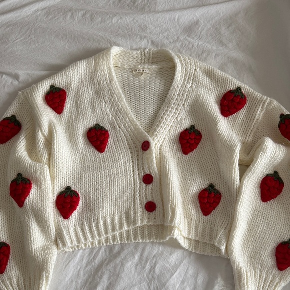 Baevely Sweaters - Strawberry Embroidered White Cardigan Sweater